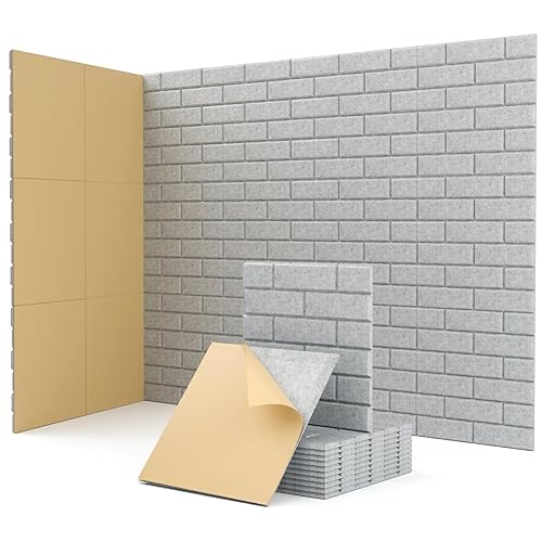 Acoustic Panels Self-adhesive, 18 Pcs Brick Sound Absorbing Panels, Recording Studio, Bedroom, Gaming Room, Living Room, Decorative Acoustic Tiles for Walls, Doors 11.8" X 11.8" X 0.4" Grey