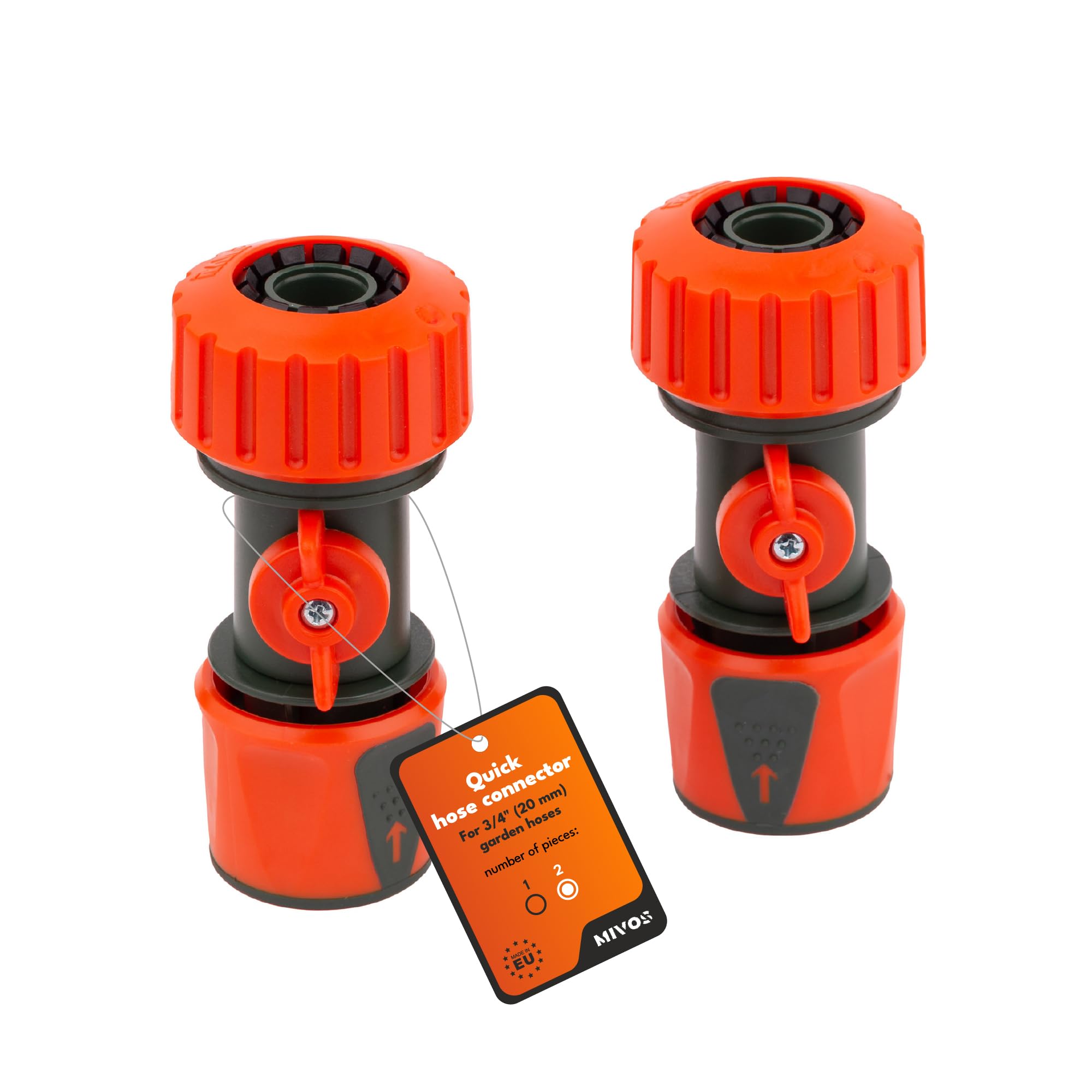 Mivos 2 x quick connector with regulating valve for 3/4 inch (20 mm) water hose, hose coupling with ball valve, connections with water stop for 3/4 inch garden hoses