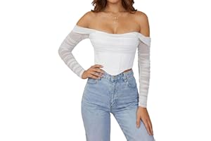 Baonmy Bustier Corset Top for Women Long Sleeve Corset Top Off the Shoulder Vintage Boned Mesh Bustier Corset Top Zip Back