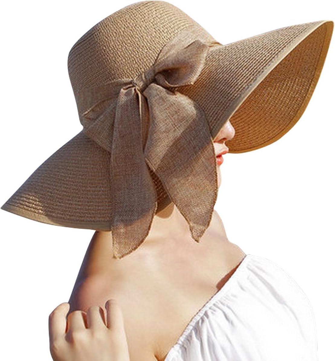 Women Big Bowknot Straw Hat Floppy Foldable Roll Up Beach Cap Sun Hat