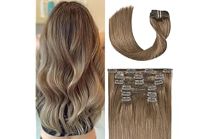 UGOTRAYS Ash Brown Clip in Hair Extensions Real Human Hair 70G Remy Human Hair Clip in Extensions 15 Inch Soft Silky Straight for Full Head 7pcs 16clips One Pack (15 Inch #8)