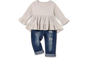 FoWear Toddler Girl Clothes Long Sleeve Ruffle Dress Top and Jeans Pants Toddler Girl Fall Outfits