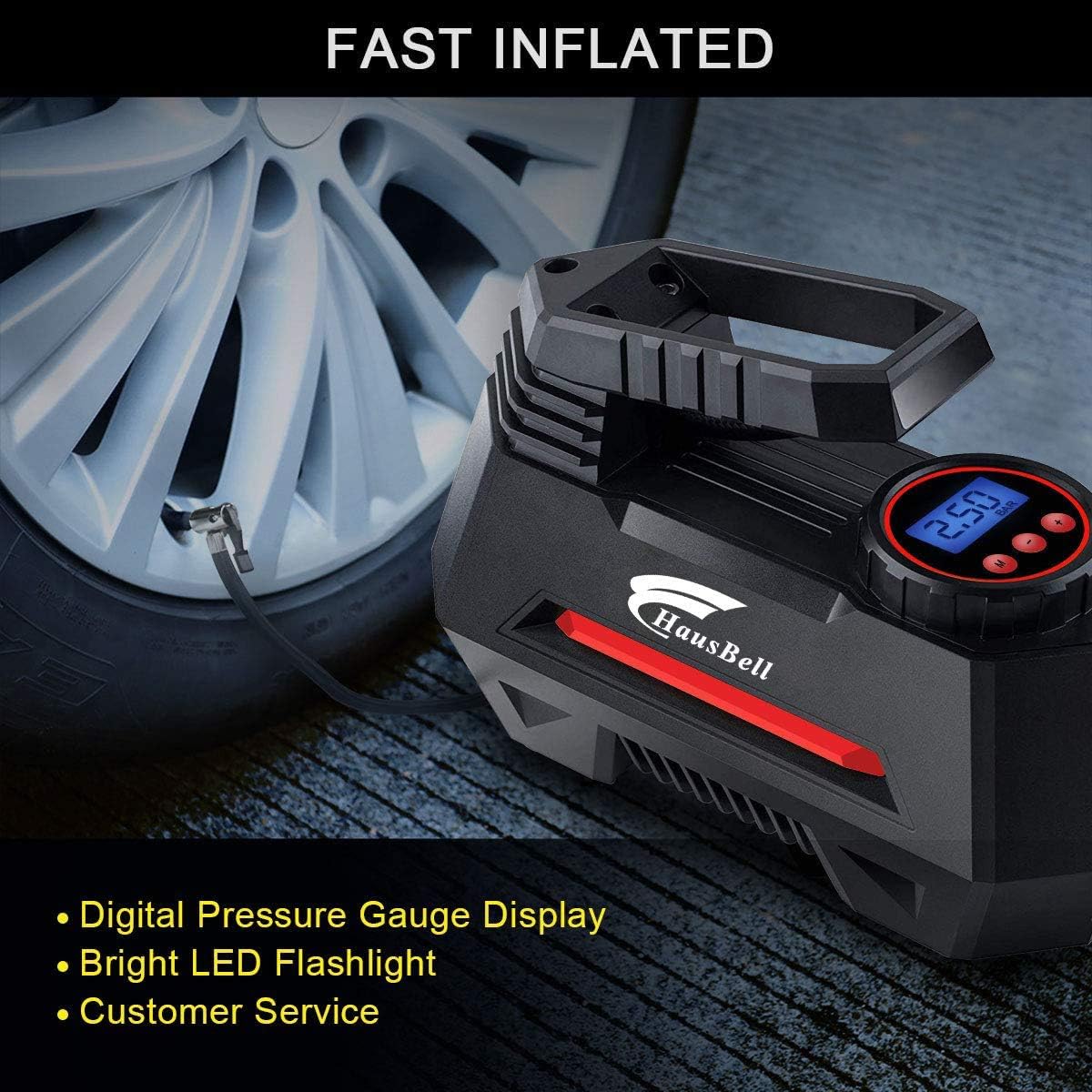 HAUSBELL Portable air Compressor for Car Tires, 12V DC Air Compressor tire inflator Pump, 150 PSI with Emergency LED Flashlight for Car, Motorcycles, Bicycles,Inflatables (Black): Automotive