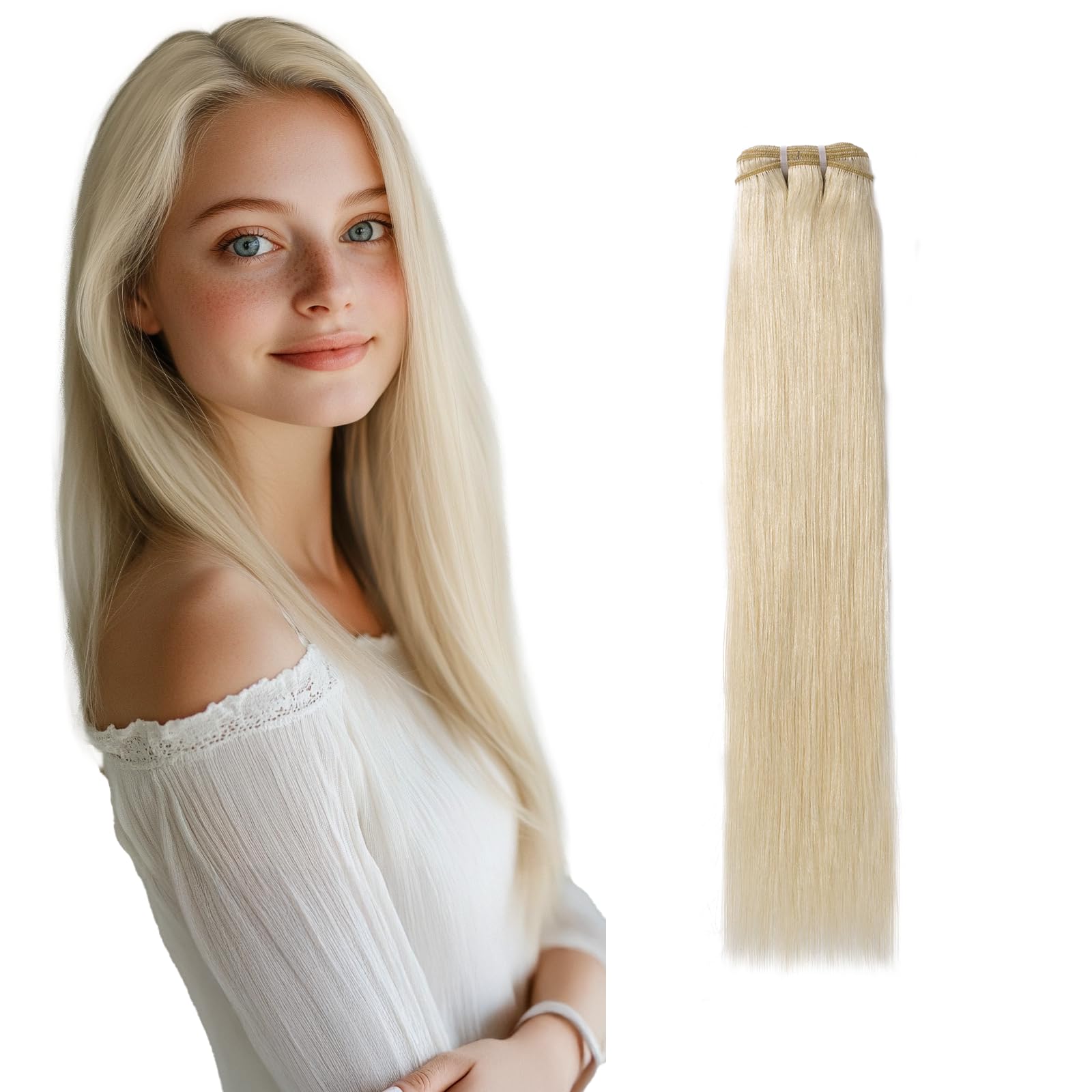 Rich Choices Weft Hair Extensions Real Human Hair Blonde Human Hair Weave 100g 20 Inch Sew in Weft Extensions Human Hair Bundles Remy Hair Extensions #60 Platinum Blonde