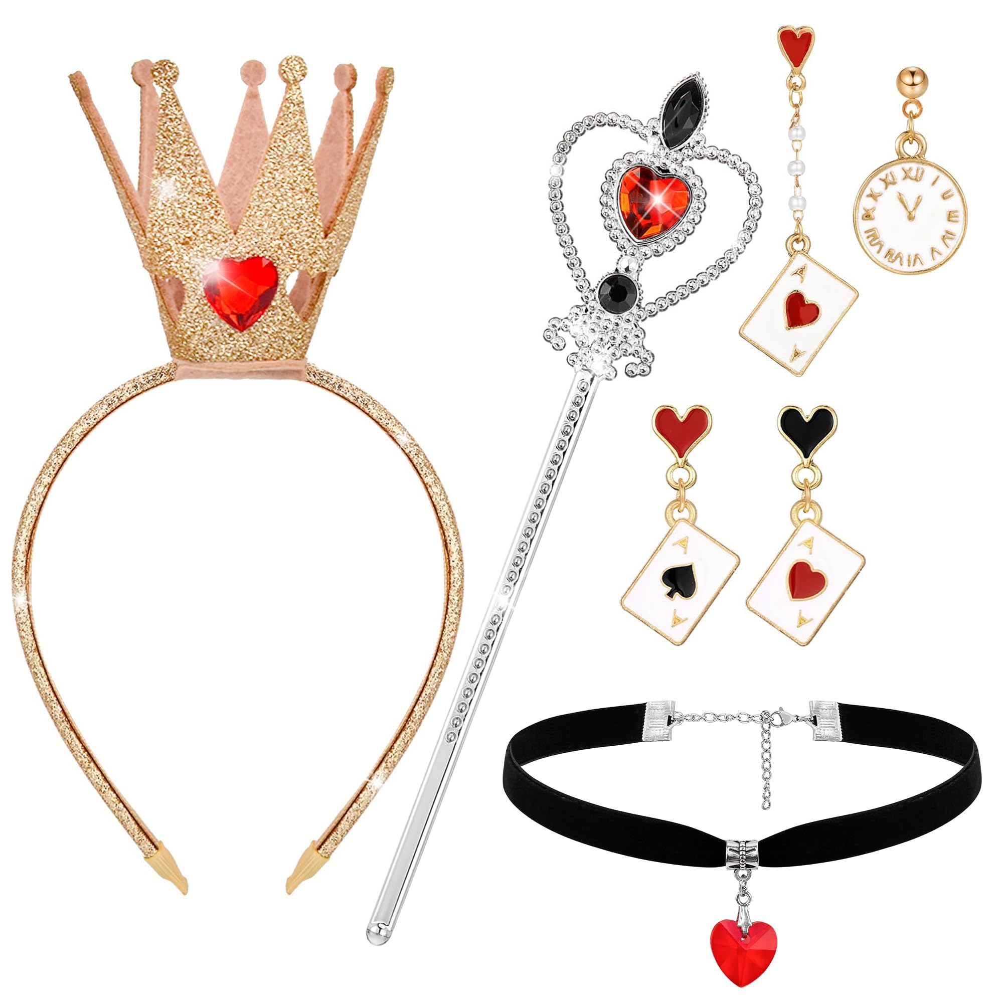 Horolam Red Heart Queen Costume Accessories, Gold Queen Crown Headband with Wand Choker Necklace Earrings for World Book Day