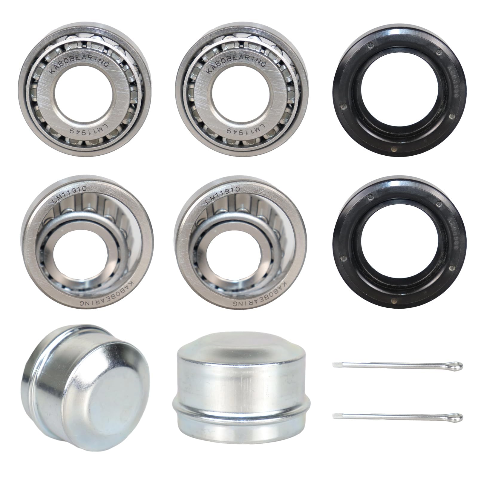 Photo 1 of KABOBEARING 2 Set Fits 3/4" inch Axles Trailer Wheel Hub Bearings, LM11949 LM11910 Bearings, 8489TC Seal OD 45.72 mm,Dust Cover and Cotter Pin,Bearing Size ID 0.7500", OD 1.7810", Width 0.65".
