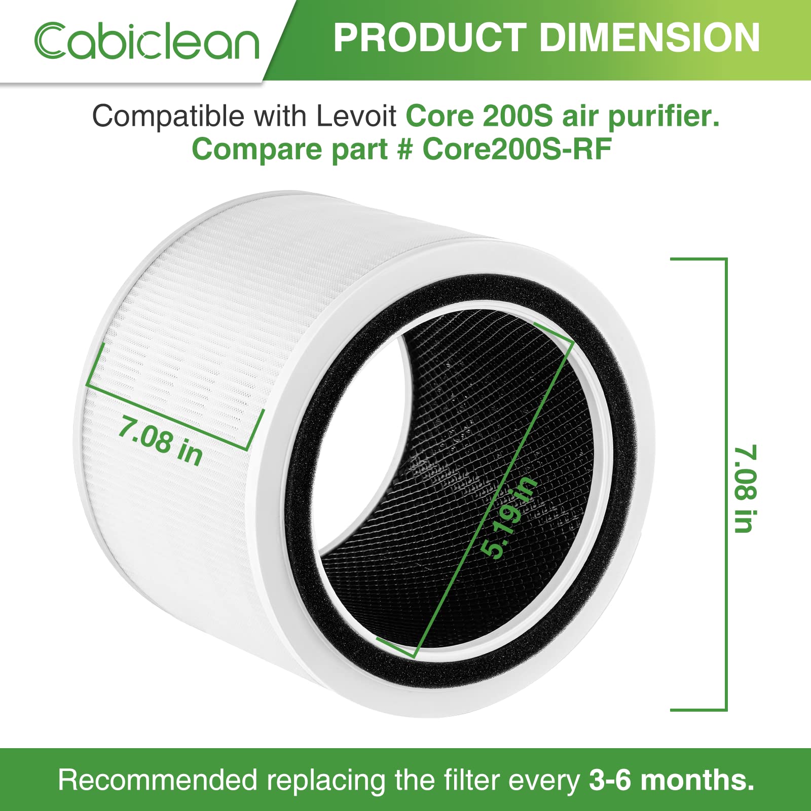 Cabiclean 2 Pack Core 200S Replacement Filter, Compatible with LEVOIT Core 200S Smart WiFi Air Purifier, 3 Stages Ture HEPA Filter, Compare Part# Core 200S-RF, Core 200S-P