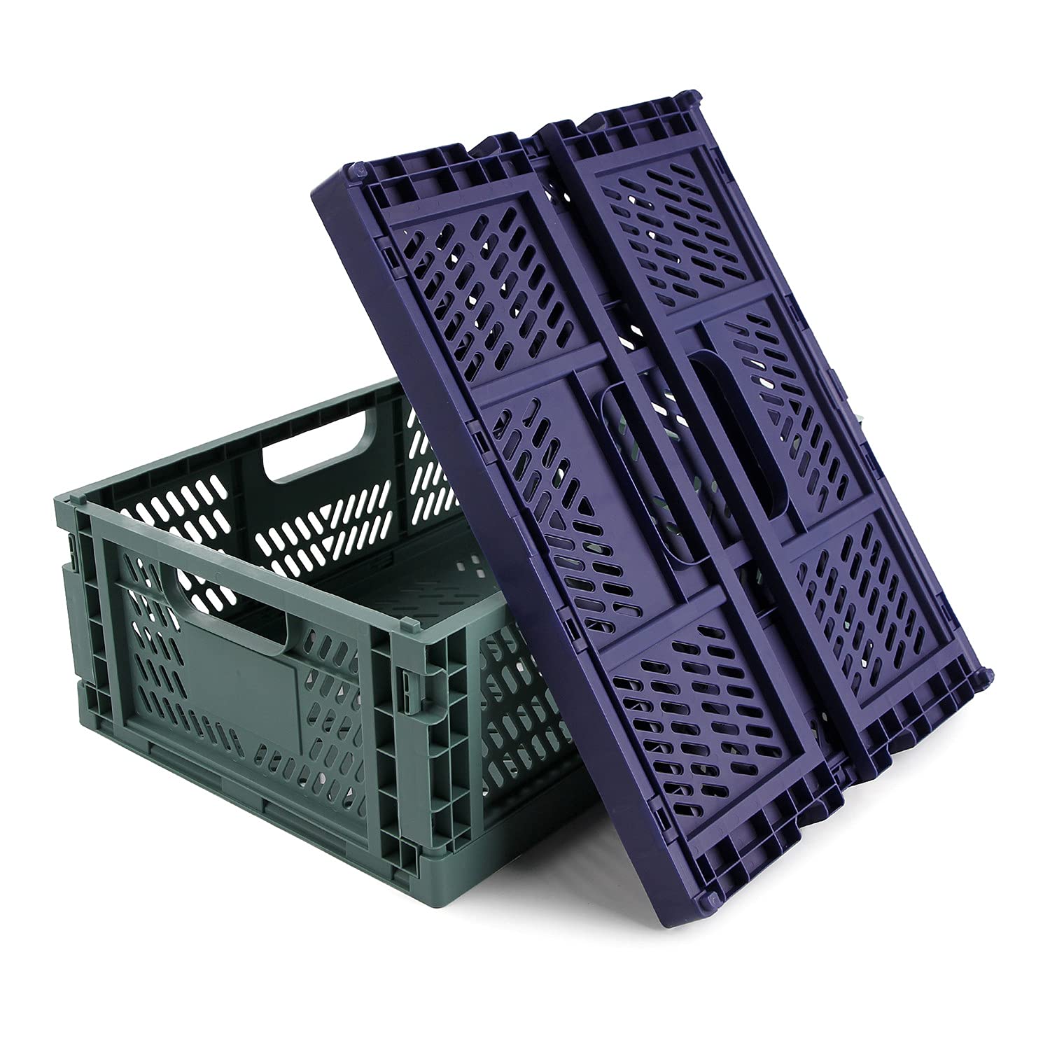 Spesh 2 Pcs Collapsible Crates Storage Boxes Stackable Storage Baskets Plastic Folding Crate Boxes with Handles for Kitchen,Living Room,Office(40*30*15cm,Blue+Dark Green)
