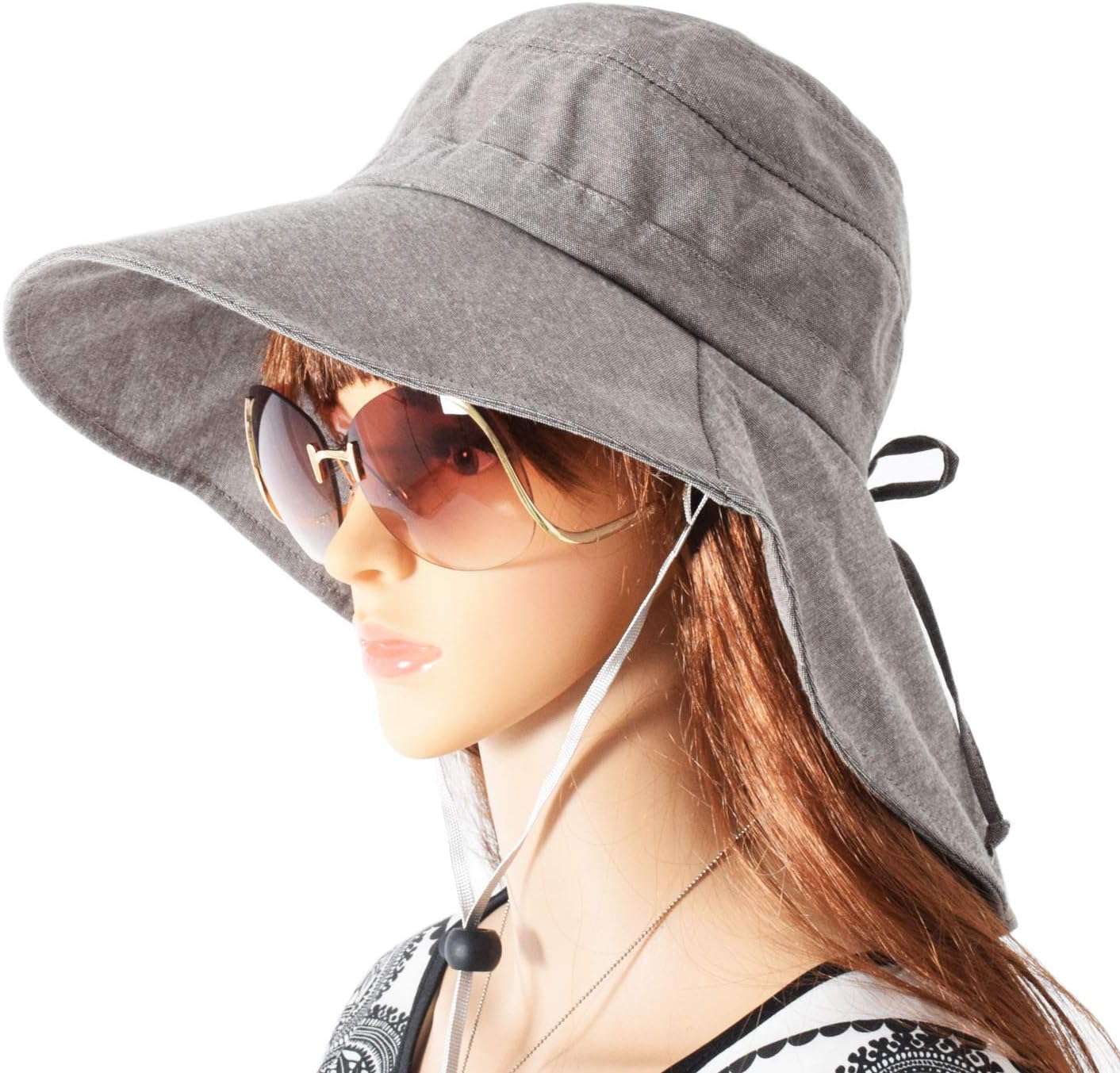 Fisstina KXF Ladies UPF 50+ Summer Sun Hat Womens Wide Brim Bucket Hat Boonie Hat UV Protection Foldable Beach Travel Cap with Neck Protection Flap Chin Strap
