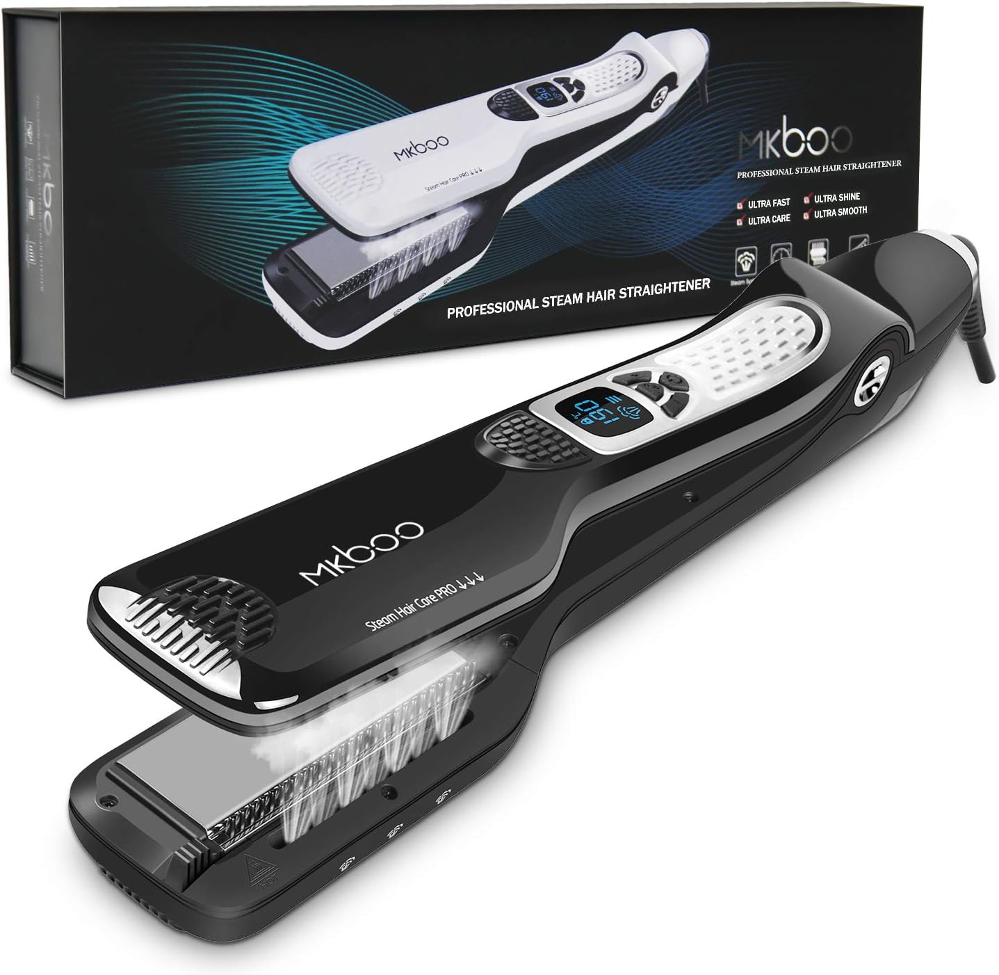 MKBOO Hair Straightener with Steam,Salon Professional Nano Titanium Ceramic Steam Flat Iron with Removable Comb+Digital LCD+5 Level Adjustable Temperature+Auto Temperature Lock Black