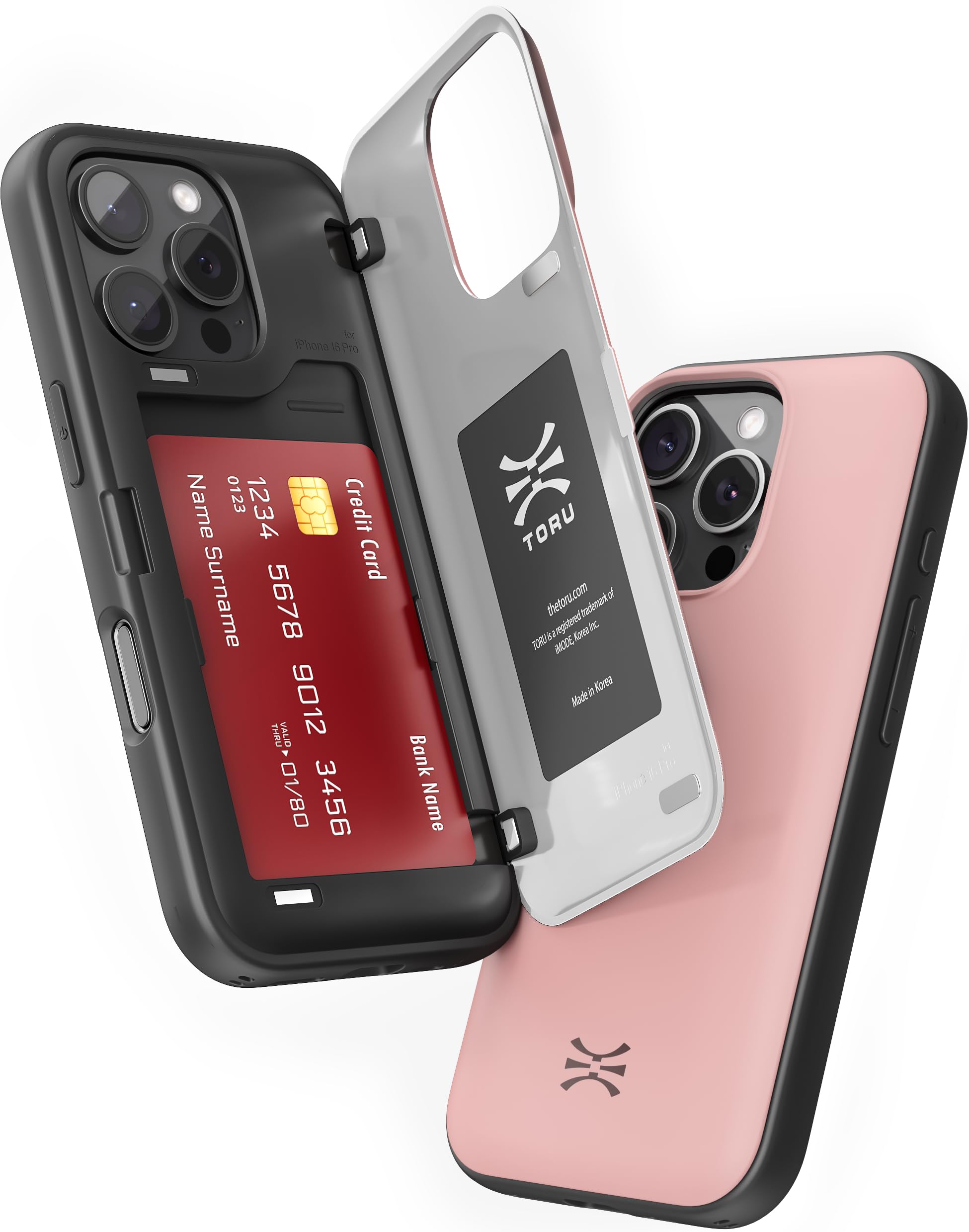 TORU CX HYBRID for iPhone 16 Pro Wallet Case | Dual Layer Slim Protective Hard Cover with Hidden 2-Credit Card Slot Holder - Pink