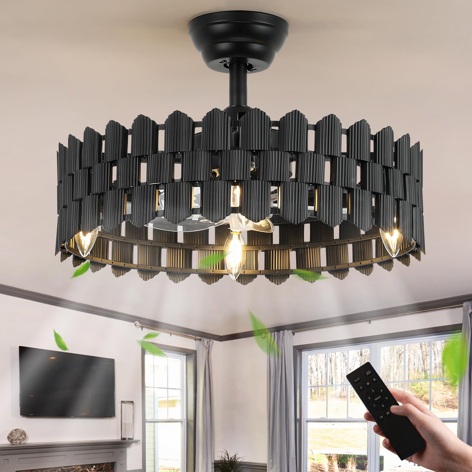 Photo 1 of 20 Inch Black Caged Ceiling Fan, Black Fandelier Ceiling Fan with Light with 6-Speed Motor, Ceiling Fans with Lights and Remote for Bedroom, Living Room, Dining Room