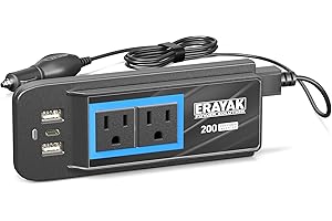 ERAYAK 200W Car Charger & Power Inverter with 110V AC Outlet – Premium Car Accessory Cigarette Lighter Adapter USB C Fast Charger for Road Trips