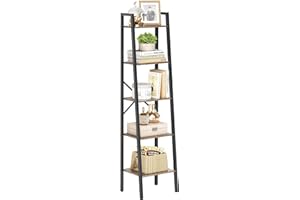 Hoctieon 5-Tier Industrial Ladder Bookshelf, Narrow Ladder Shelf, Tall Standing Bookshelf, Skinny Open Ladder Shelf, for Living Room, Home Office, Kitchen, Bedroom, Metal Frame, Greige