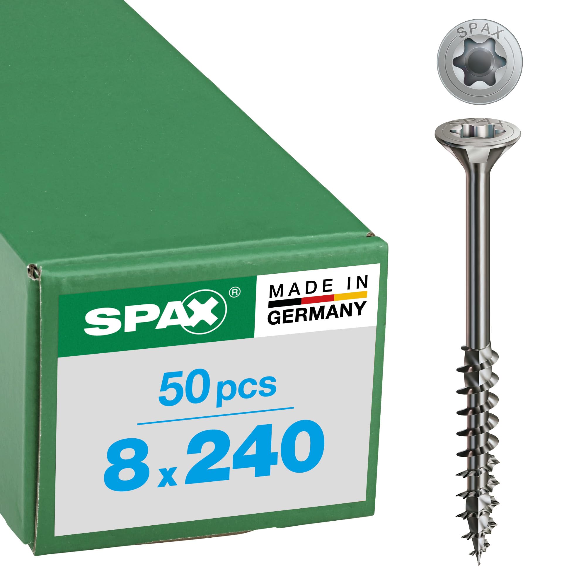 Stainless Steel Screw, 8 x 240 mm, Pack of 50, Partially Threaded, Countersunk Head, T-Star Plus T40, 4CUT, Stainless Steel A2-0197000802405