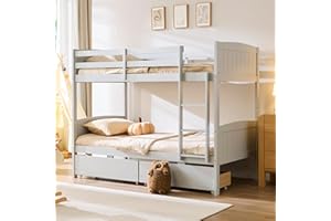 AMERLIFE Twin Over Twin Bunk Bed with Storage Drawers, Solid Rubberwood 2-in-1 Convertible Loft Beds with Ladders, Modern Detachable Bed Frame for Kids and Teens Bedroom, Grey
