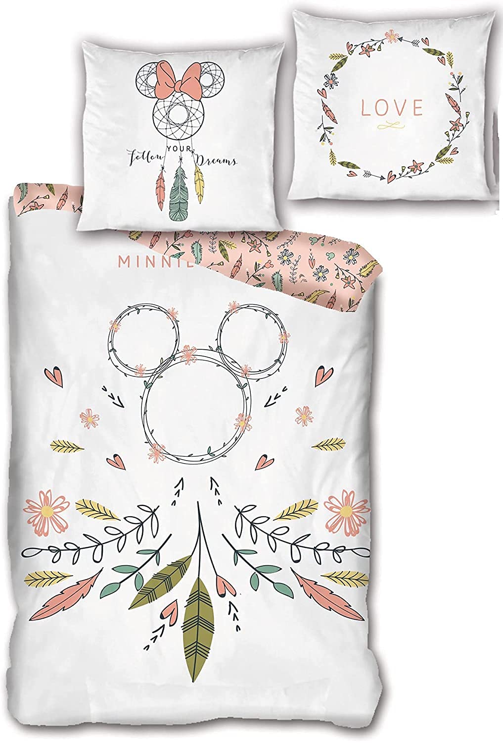 Aymax Disney Minnie Mouse Dreamcatcher Reversible Bedding Set 135 x 200 cm 80 x 80 cm 100% Cotton Linon Minnie Mouse Dream Catcher Boho
