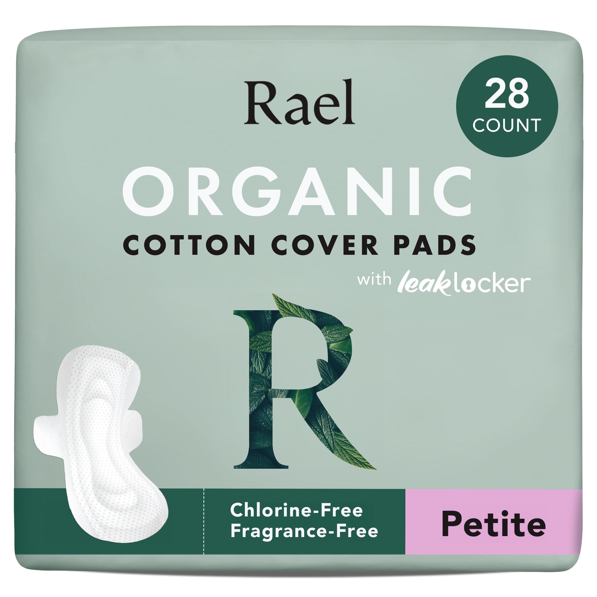 Rael Organic Cotton Cover Sanitary Towels - for Girls & Teenagers, Light Absorbency, Ultra Thin Period Pads with Wings for Women, Unscented, Hypoallergenic, Vegan (Petite, 28 Count)