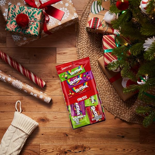 WRIGLEY’S SKITTLES FUN SIZE ORIGINAL, WILD BERRY, AND SOUR CHEWY INDIVIDUALLY WRAPPED STOCKING STUFFERS CHRISTMAS CANDY VARIETY PACK, 26.46 OZ BULK BAG
