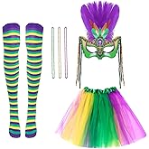 Avxdbr 6pcs Mardi Gras Costume Accessories Set for Women Colorful Tutus Skirt Faux Feather Masquerade Mask Striped Thigh High Socks Mardi Gras Bead Necklaces Carnival Party Outfit