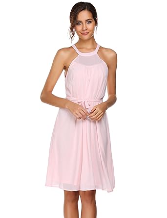 ACEVOG Damen Sommer Elegante Ärmellose Kleider Neckholder Knielang Chiffonkleid Abendkleider Partykleider mit Abnehmbarem Gürtel