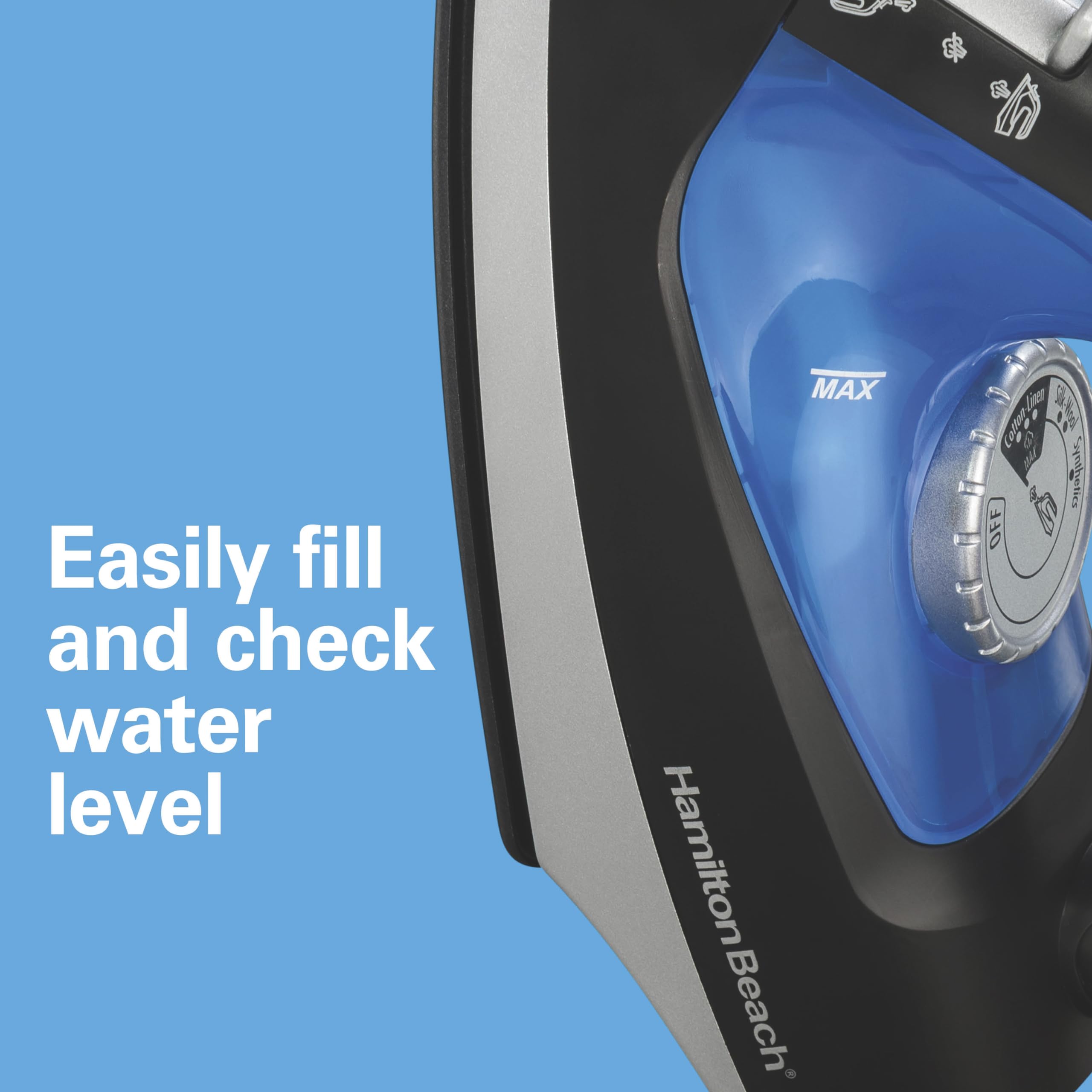 Hamilton Beach 2-in-1 Steam Iron for Clothes and Garment Steamer with 5 Temperature Settings, Nonstick Soleplate, 1200 Watts, 8’ Cord, Black & Blue (14525F)