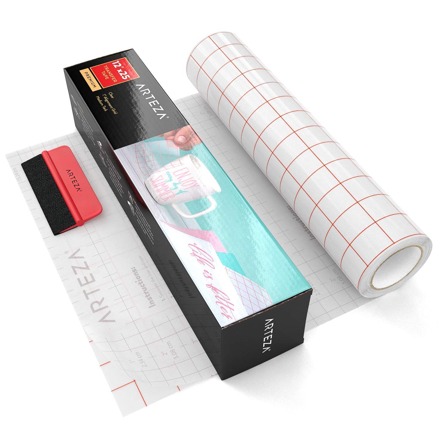 ARTEZA Ultra Clear Transfer Tape Paper with Grid & Squeegee, 12 Inch Wide x 25 Foot Long Roll