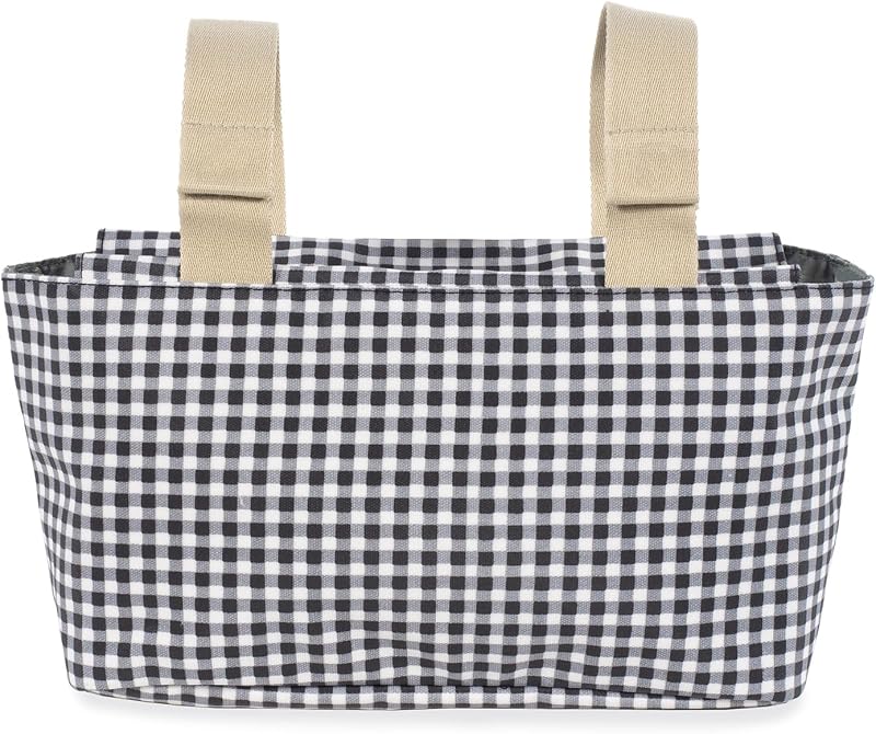 . Bolso organizador I Love Vichy. Bolsa de maternidad para silla de paseo. Asas cortas para fijar al carro. Color Negro. Medidas 31X17X12 cm.