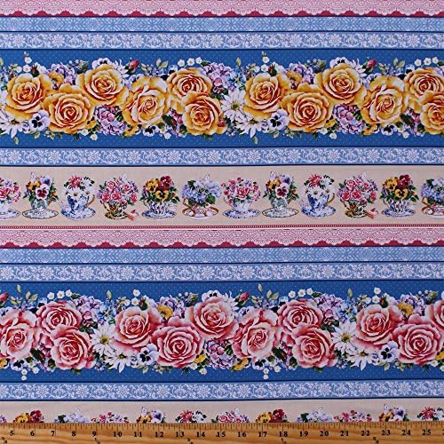 Cotton Teacups and Roses Flowers Floral Stripes Pansies Daisies Tea Party Tea Cups Saucers Cake Dutch Holland Netherlands Delft Vintage (6 Parallel Stripes) Cotton Fabric Print by Yard (3600-blue)