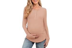 FMEYOA Women's Maternity Shirts Casual Long Sleeve Round Neck Button Side Ruched Pregnancy Clothes S-XXL