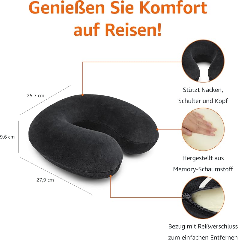 Halbkreisförmig Nackenkissen aus Memoryschaumstoff, Schwarz