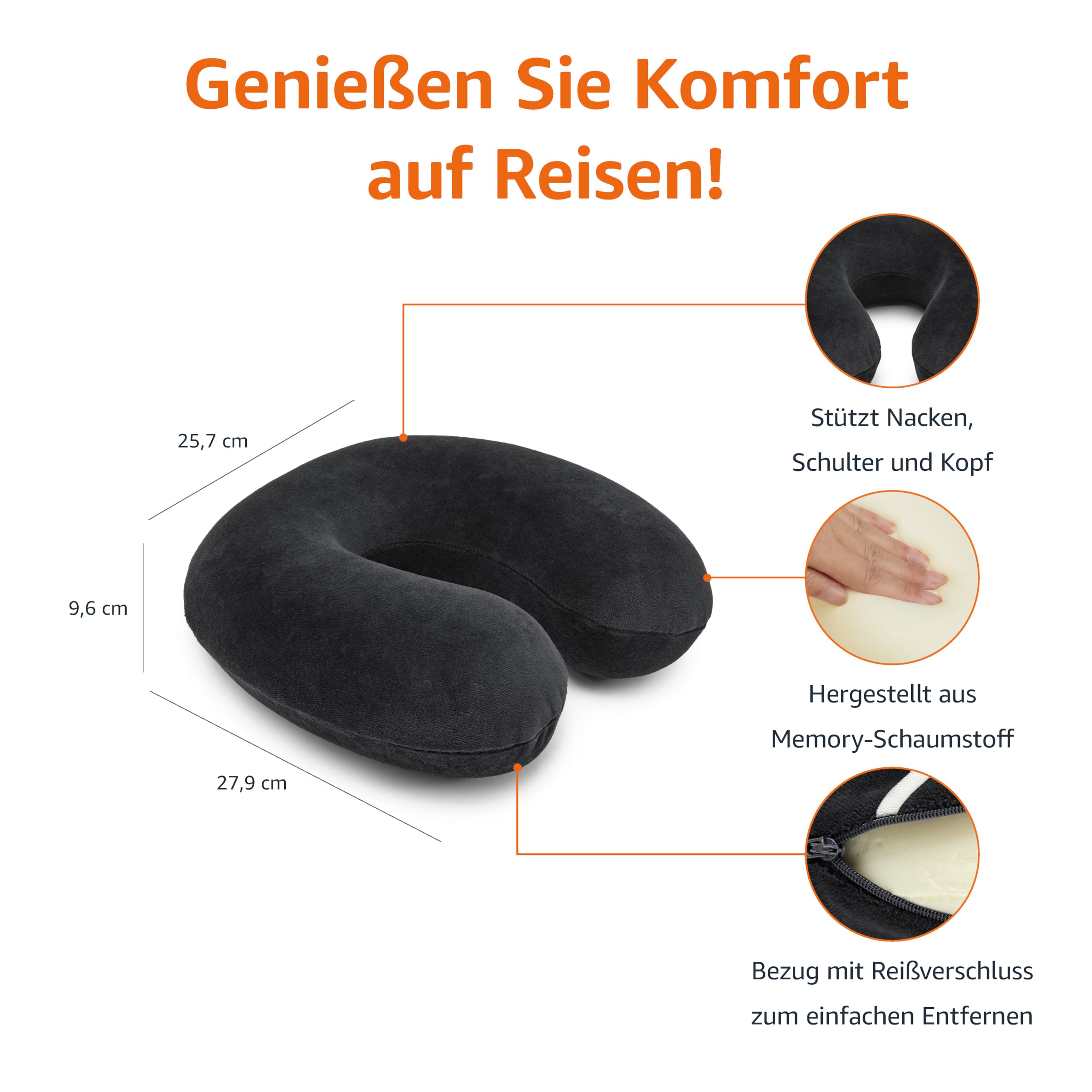 Amazon Basics Halbkreisförmig Nackenkissen aus Memoryschaumstoff, Schwarz 3