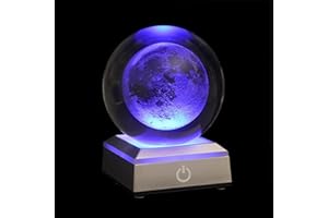 Makehousehold 3D Moon Crystal Ball,3.15in Astronomical System Clear Crystal Ball Gift with Led lamp Base,Saturn Model Night Lights for Boys Girls Birthday