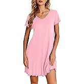 Ekouaer Nightgowns for Women Short Sleeve Sleepshirt V Neck Short Nightshirt Pullover Soft Ruffled Sleepwear S-XXXL