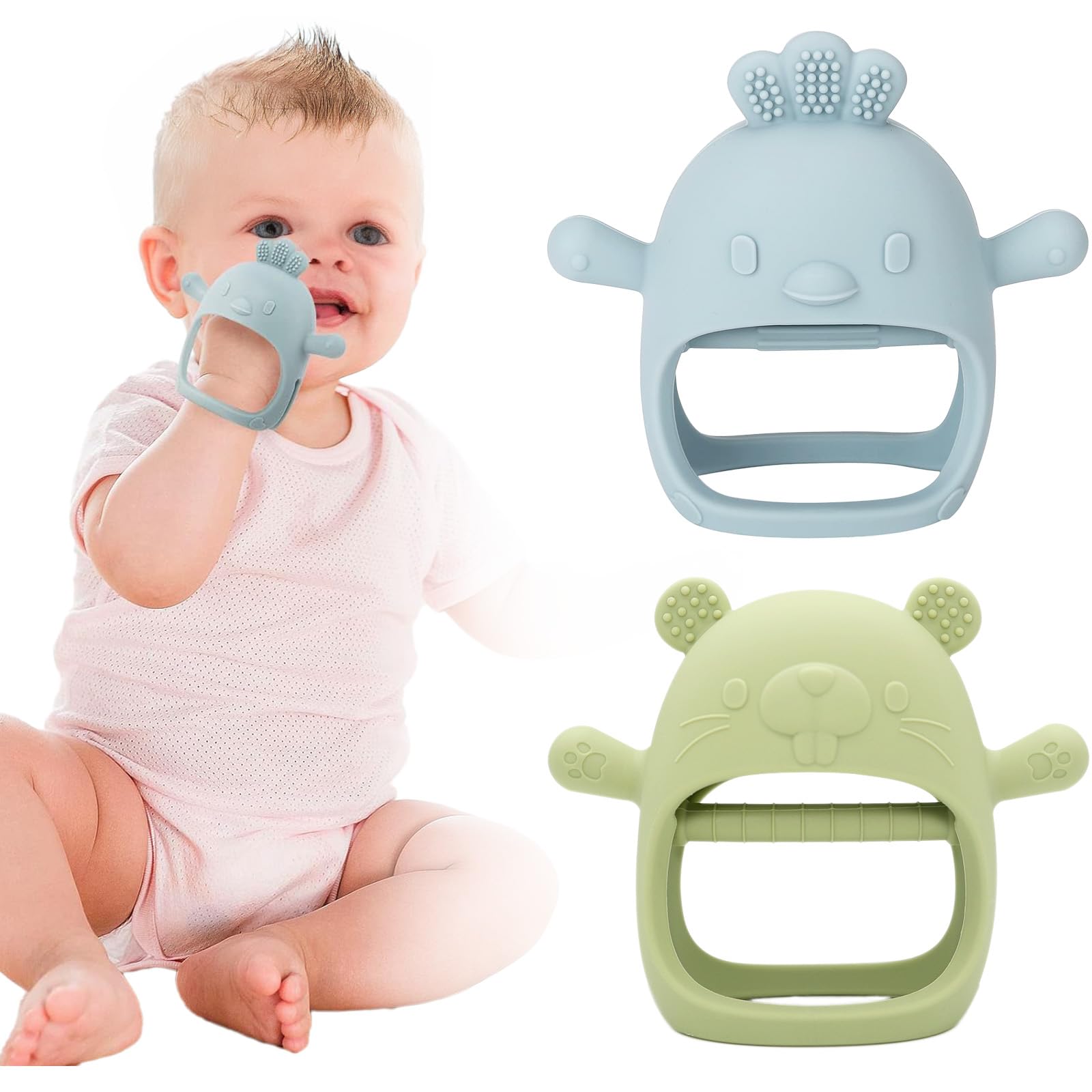 Teething-Silicone-Teether 2 Pack Teething Toys for Baby - Teething Mitten for Babies,Baby Teethers for Toddler Infant, Silicone Baby Teether Toys - Baby Boy Girl Shower Gifts, Blue and Green