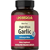 Lindberg Garlic Supplement Pills | 500mg | 100 Caplets | Odorless with High Allicin (5000mcg) | Allium Sativum Extract | Non-GMO, Gluten Free