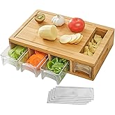 NOVAYEAH Bamboo Cutting Board with 4 Trays, Large Chopping Board with Containers, Juice Grooves, Easy-grip Handles & Food Sliding Opening, Carving Board with Trays for Food Storage