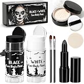 Black & White Oil Face Body Paint Washable Halloween Cosplay Makeup | Black Lipstick+Setting Powder+2 Brushes+1 Sponge, Non Toxic Special Effects Makeup Kit for Vampire, Clown Accessories
