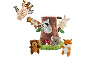 JUSTQUNSEEN 6 Pcs Jungle Animals Finger Puppet with Tree Houses, Realistic Soft Plush Toy for Kids, Novelty Animals Toys Role-Playing Story Finger Puppets Plush Finger Puppets Gifts for Boys and Girls