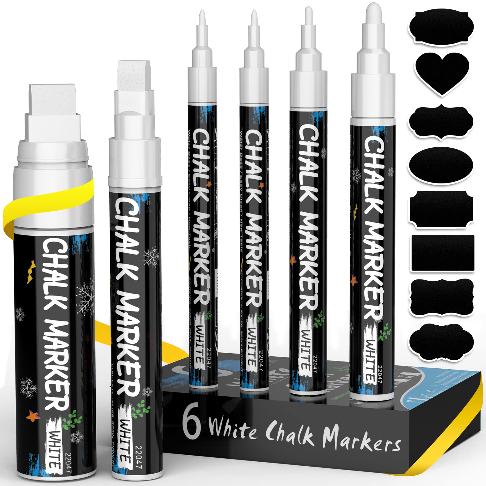 ANYUKE 6 White Chalk Pen, White Dry Erase Liquid Chalk Pens for Blackboards, Christmas Window Decorations, Glass | Fine & Jumbo Size Markers (1mm*2, 3mm, 6mm, 10mm, 15mm)+45 Free Labels