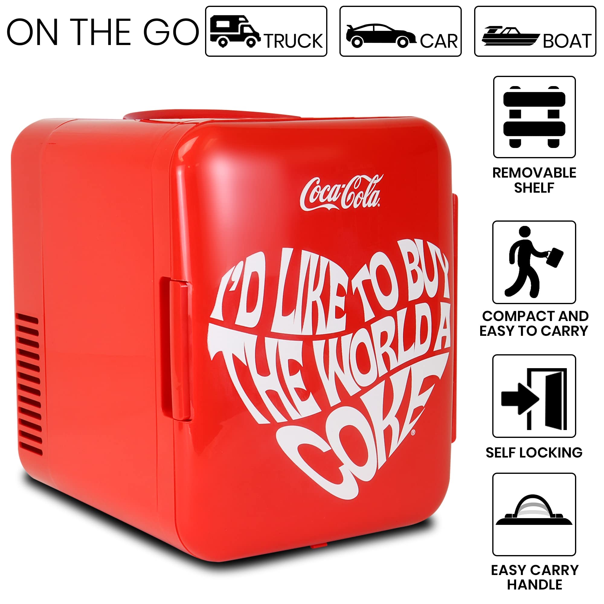 Coca Cola World 1971 Series Portable 6 Can Thermoelectric Mini Fridge Cooler/Warmer, 4 L/4.2 Quarts Capacity, 12V DC/240V AC for Home, Dorm, car, Boat, Beverages, Snacks, Skincare, Cosmetics