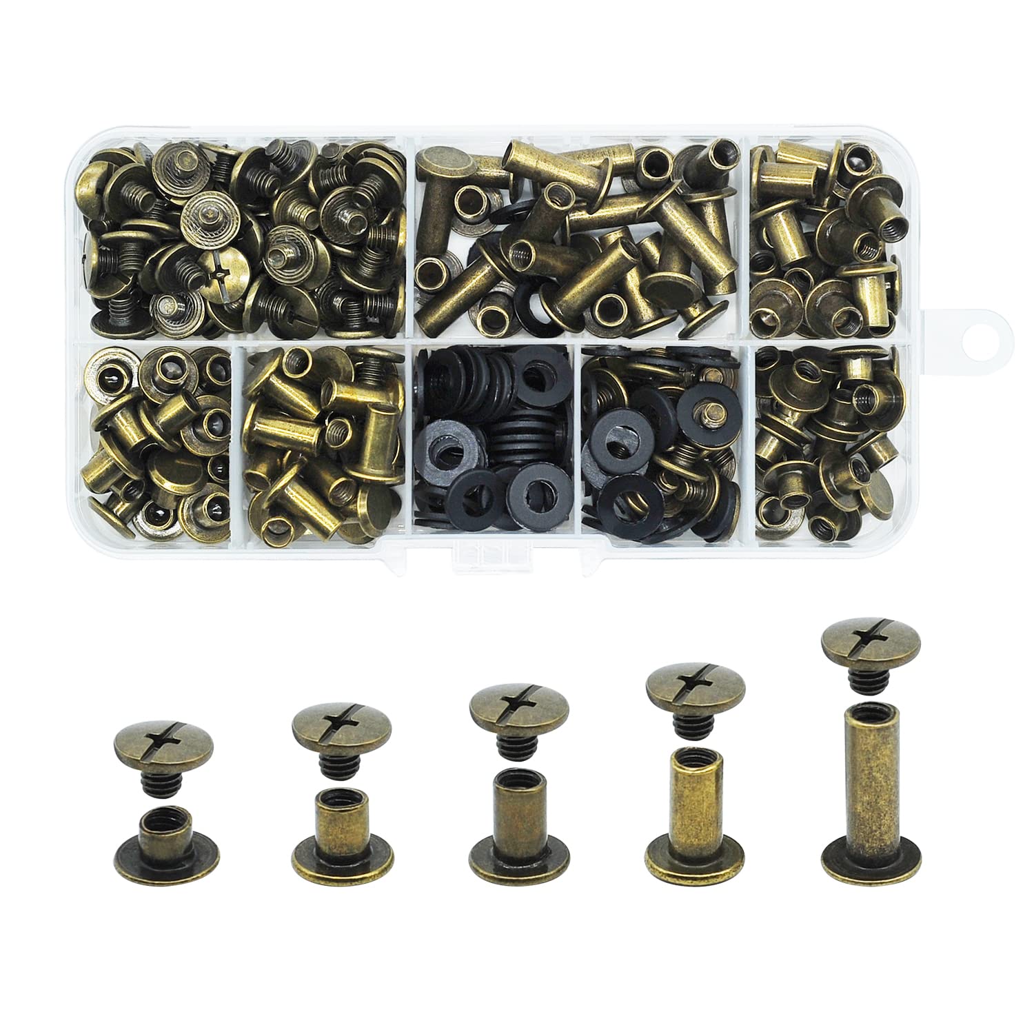 JINTANG 100 Set Chicago Screws 4/6/8/10/15mm Binding Screws Chicago Binding Screws Kit, Brown Nail Rivet Chicago Button, Cross Head Chicago Screws for Leather Belt DIY Book Scrapbook Bookbinding