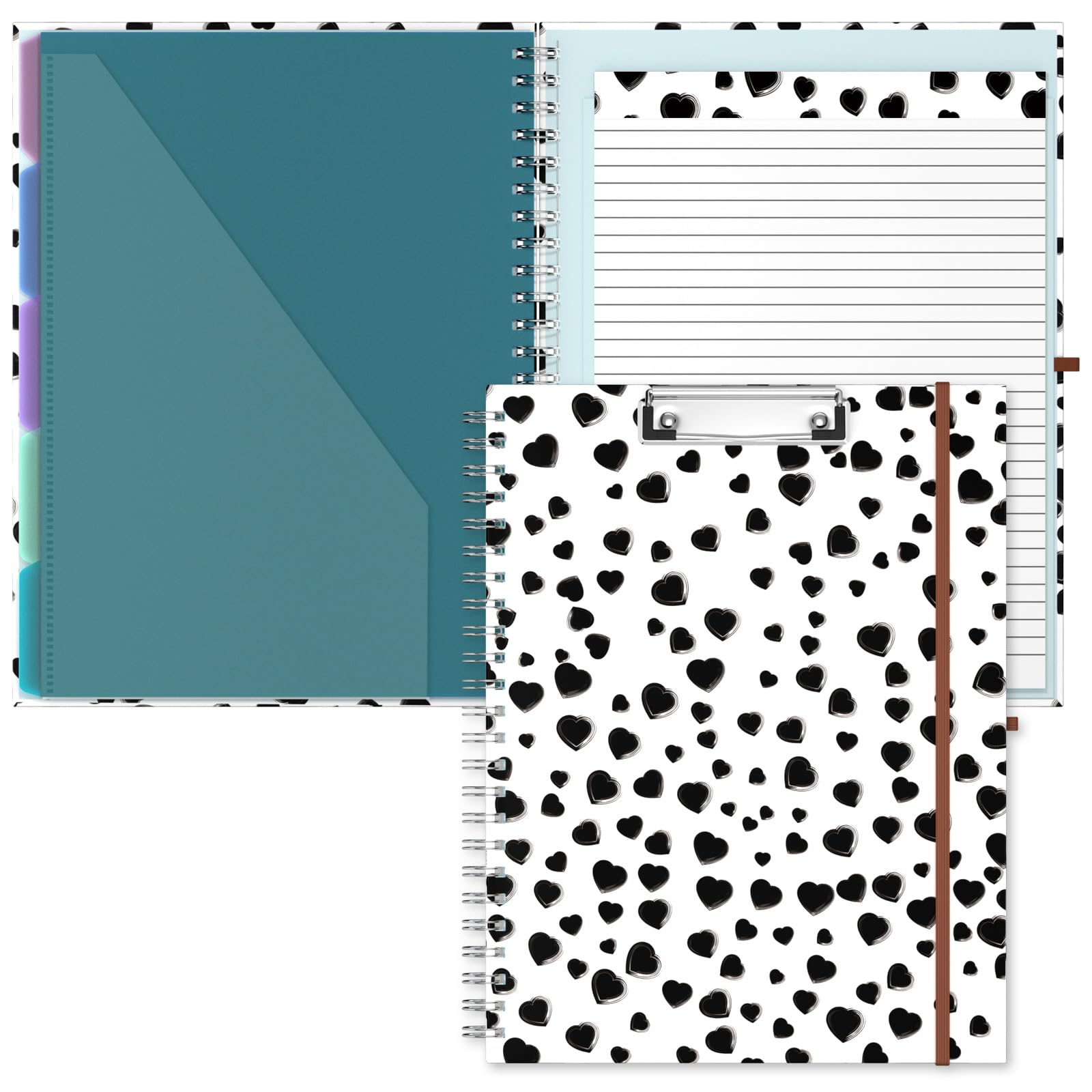 Hnogri Clipboard Folio with Refillable Lined Notepad, Clipboards with 5 A4 Folders Storage 10 Pockets, Spiral Clip Board Portfolio, Size 12.8" x 9.7", Office Supplies, School Supplies, Love Spot