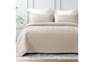 Whale Flotilla Quilt Set Queen Size, Soft Microfiber Lightweight Bedspread Coverlet Bed Cover (Wave Pattern) for All Seasons, Bone, 3 Pieces (Includes 1 Quilt, 2 Shams)