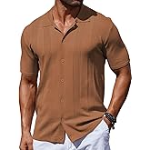 COOFANDY Men's Knit Shirt Short Sleeve Button Down Vintage Polo Shirts Casual Summer Beach Shirts
