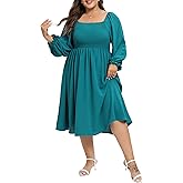 Purple Pocket Plus Size Dresses for Curvy Women Fall Long Sleeve Boho Square Neck Flowy Cocktail Party Maxi Dress