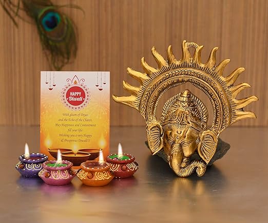 Collectible India Metal Golden Ganesha Wall Hanging Showpiece with Gift Card Gift for Brother Sister Family Friends, Diwali Decoration Items, Diwali Gifts for Corporate & Friends