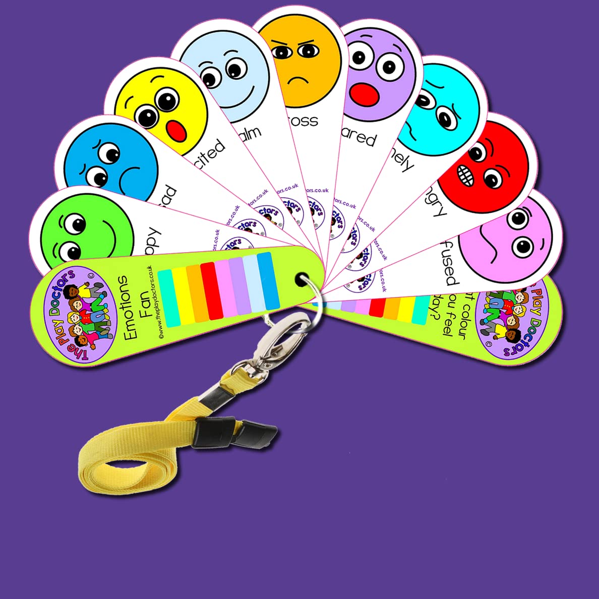The Play Doctors Emotions Face Feelings Fan Flash Cards on Lanyard – Autism/SEN/Special Needs Learning Aid for Kids Age 3+ – Sensory, Nonverbal & Speech Delay Social Communication Tool