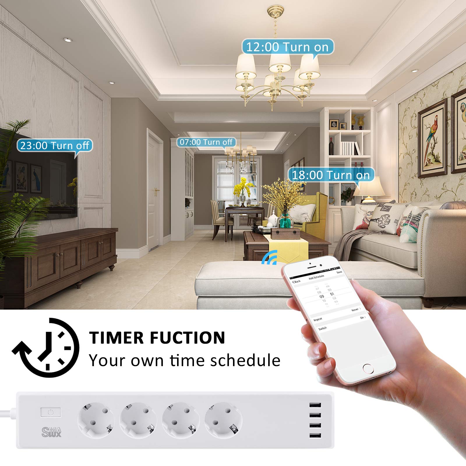 4 fach / 4 USB WLAN Steckdosenleiste Steckerleiste und Steckdose Stecker überspannungsschutz 1,8 m Kabel Funktioniert mit Amazon Alexa (Echo und Echo Dot) Google Home und IFTTT für Sprachsteuerung App Fernsteuerung für iOS Android überall u