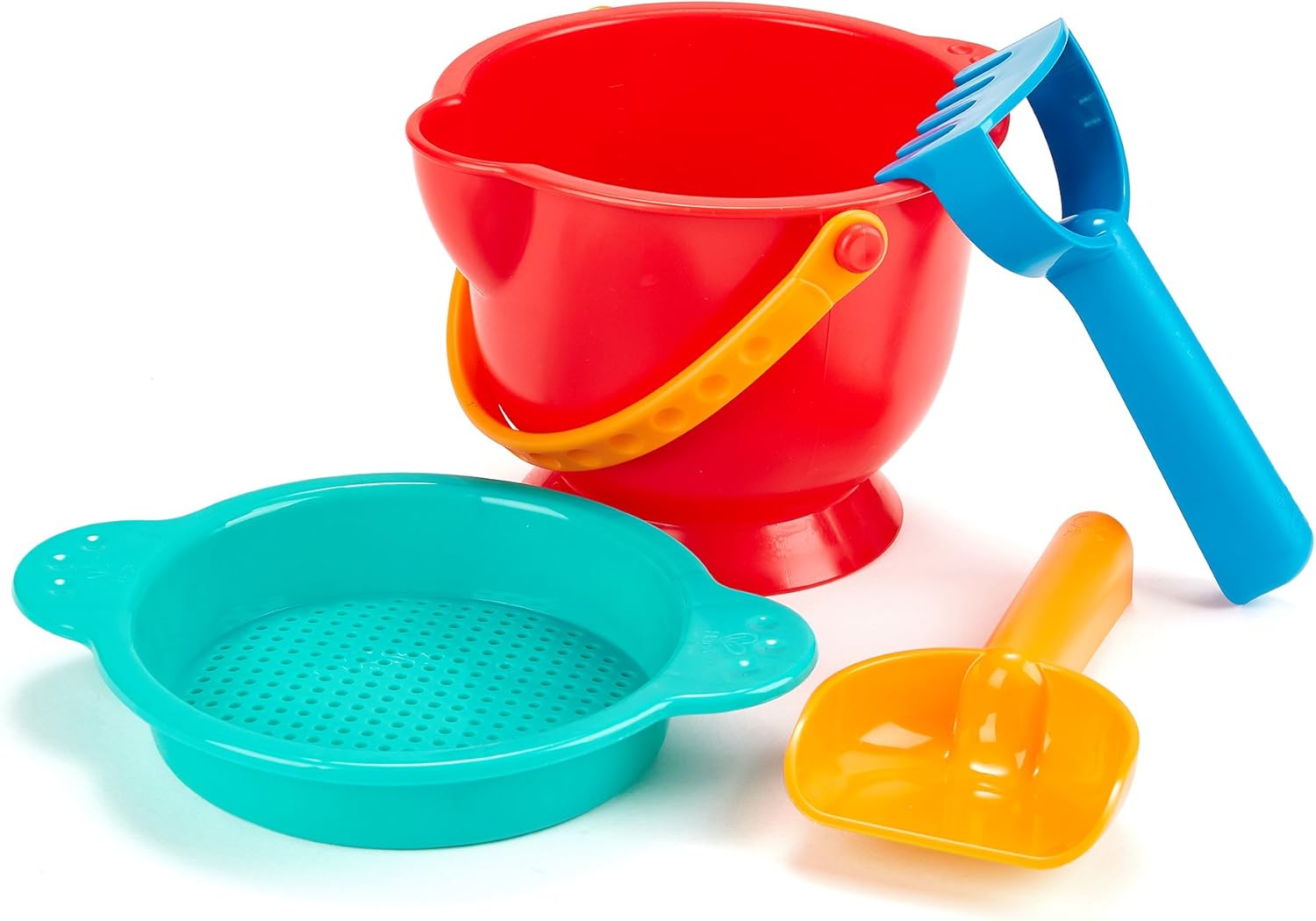 Hape Beach Basics Sand Toy Set Including Bucket Sifter, Rake, and Shovel Toys, Multicolor: Toys & Games